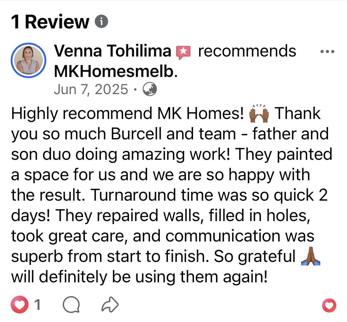 Customer review recommending MKHome