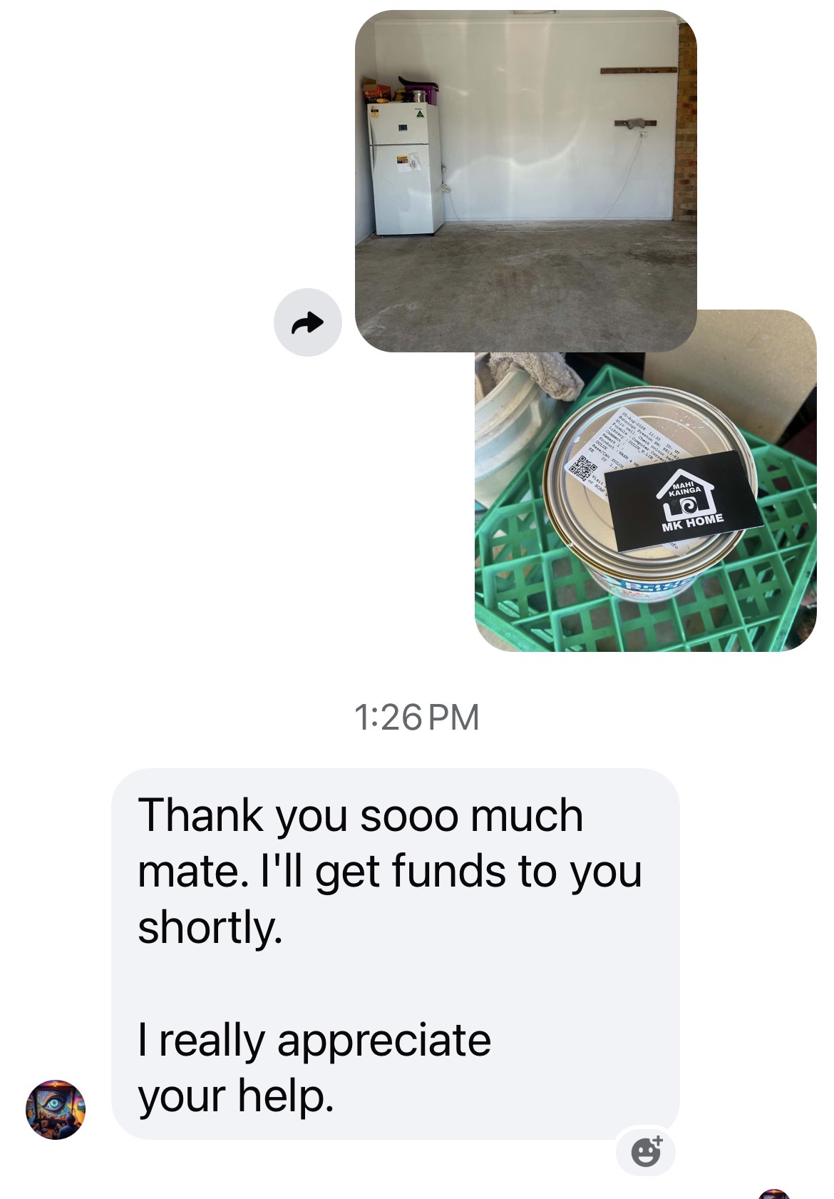 Customer message thanking MKHome after a painting job