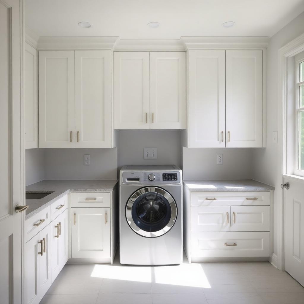 Laundry cabinetry with bench and overhead storage above a washing machine