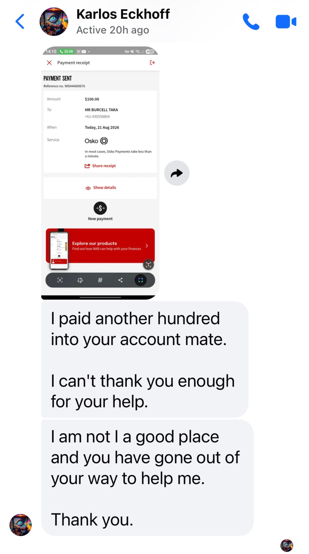 Customer message thanking MKHome for their help