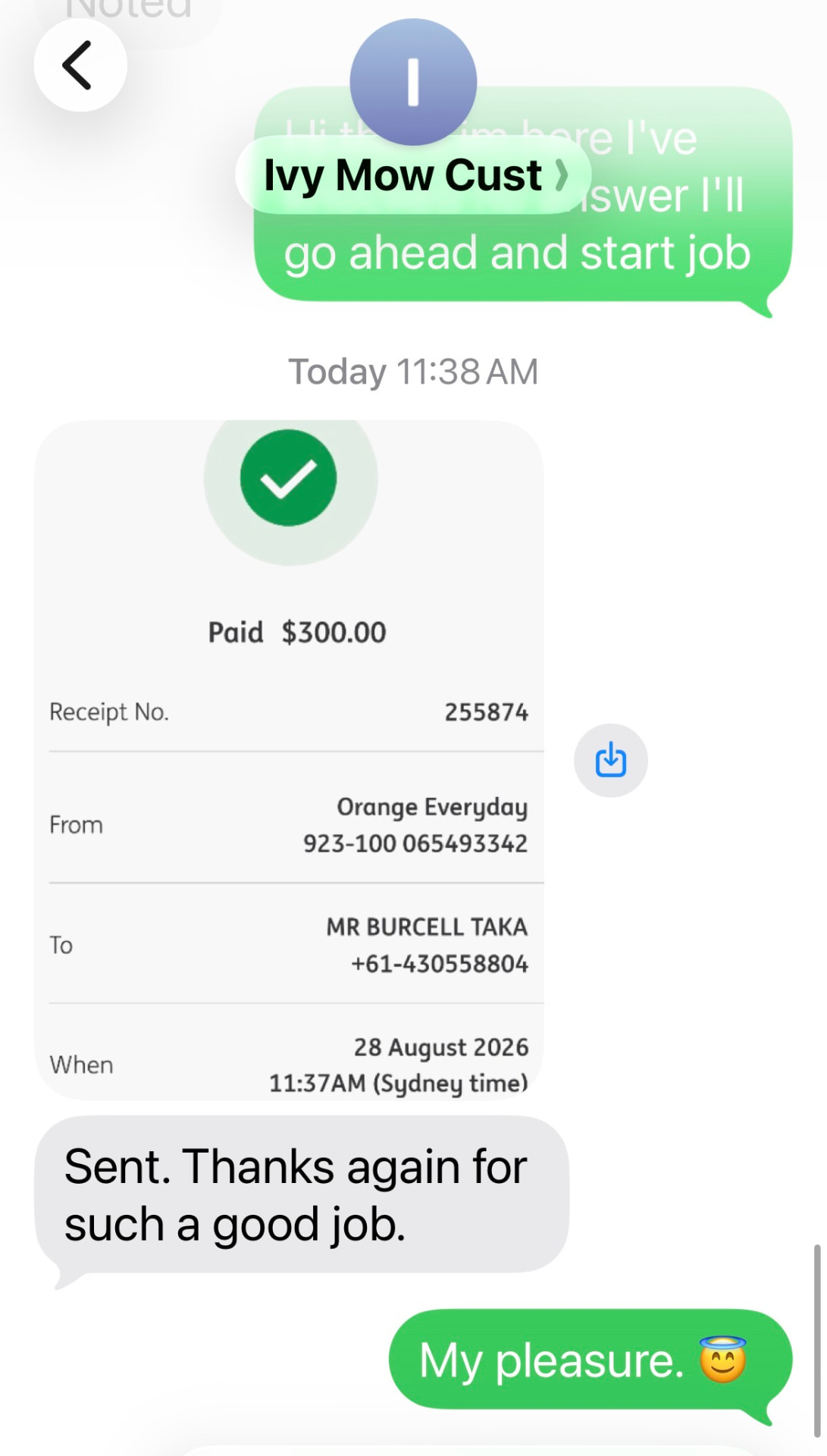Customer payment and thank you message to MKHome