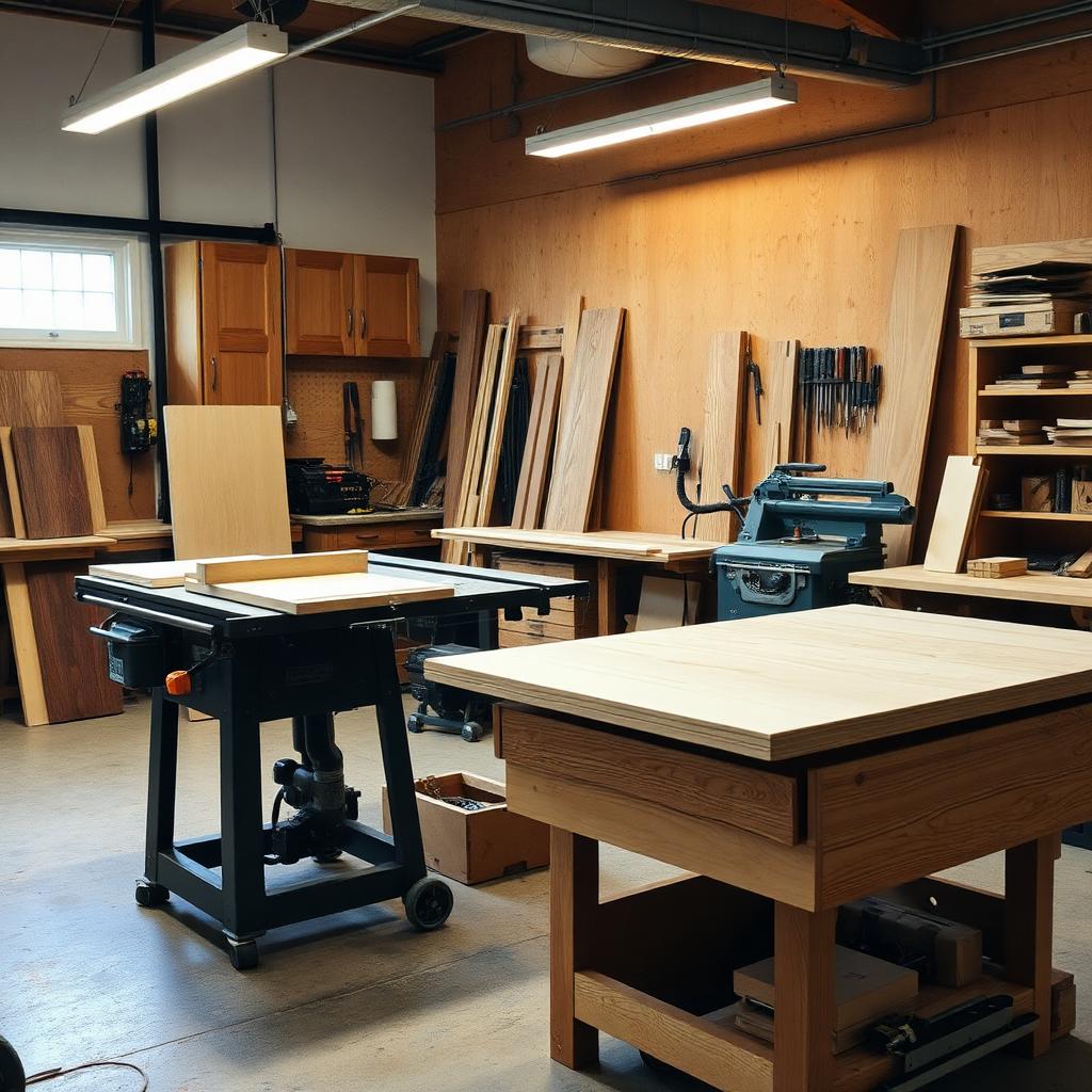 Cabinet maker cutting and assembling cabinetry in a workshop